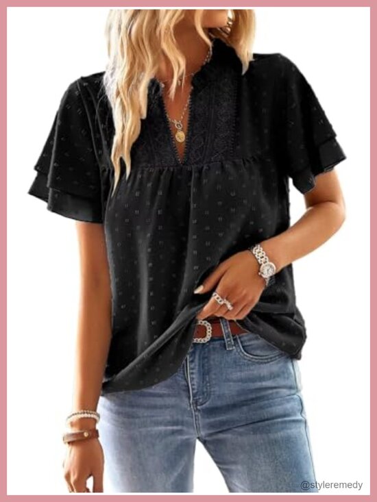 Tops - Womens V Neck Crochet Lace Blouse Short Sleeve Swiss Dots Top